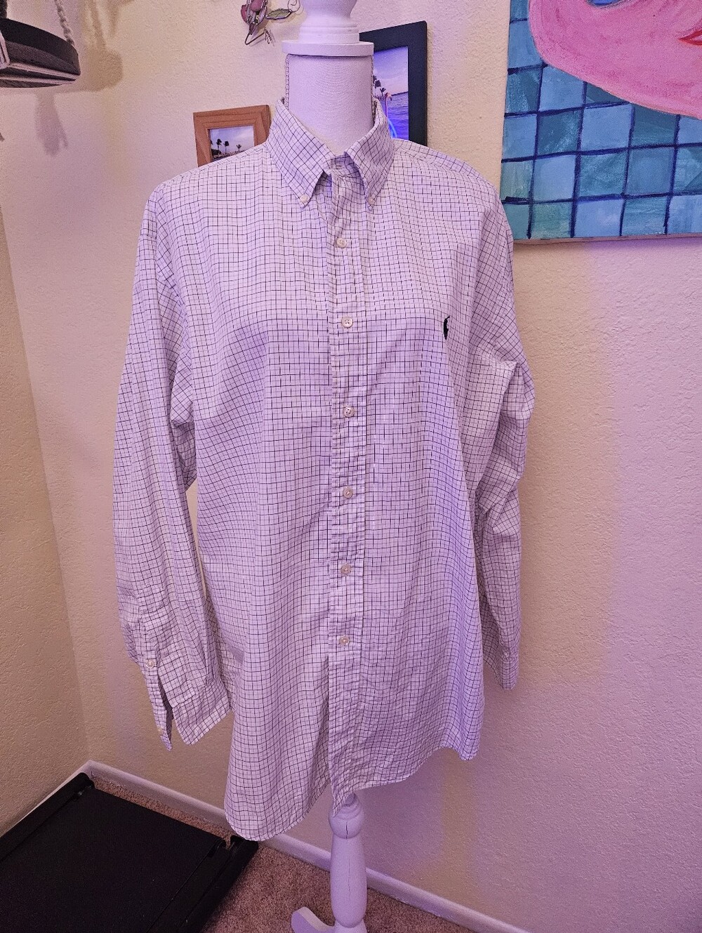 Ralph Lauren White Multi-Check Cotton Button-Down Shirt Sz 16  1/2 X 34